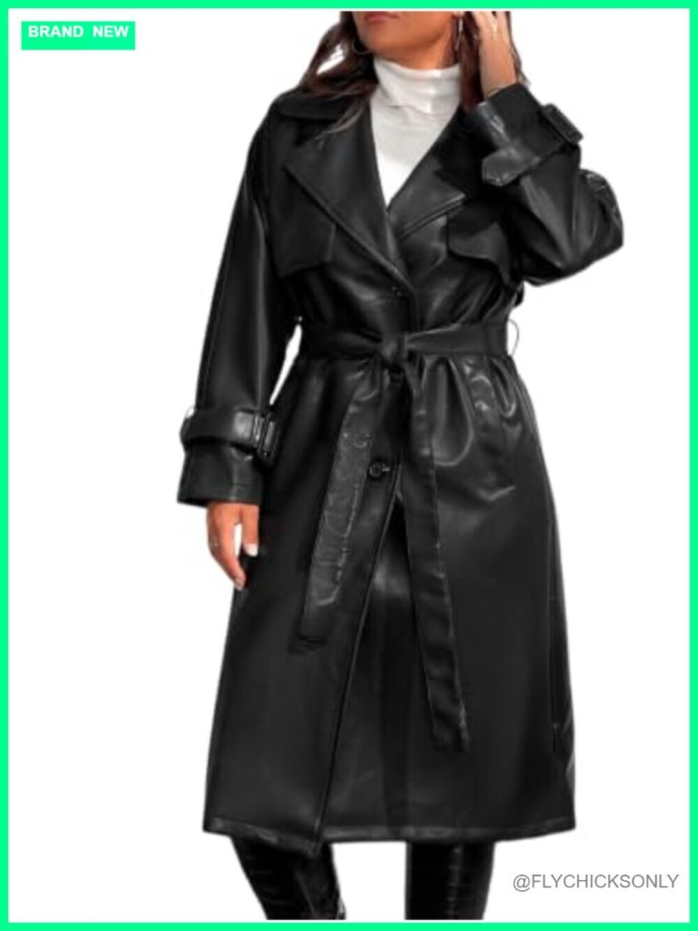 Faux Leather Trench Coat Plus Size Belted Long Overcoat